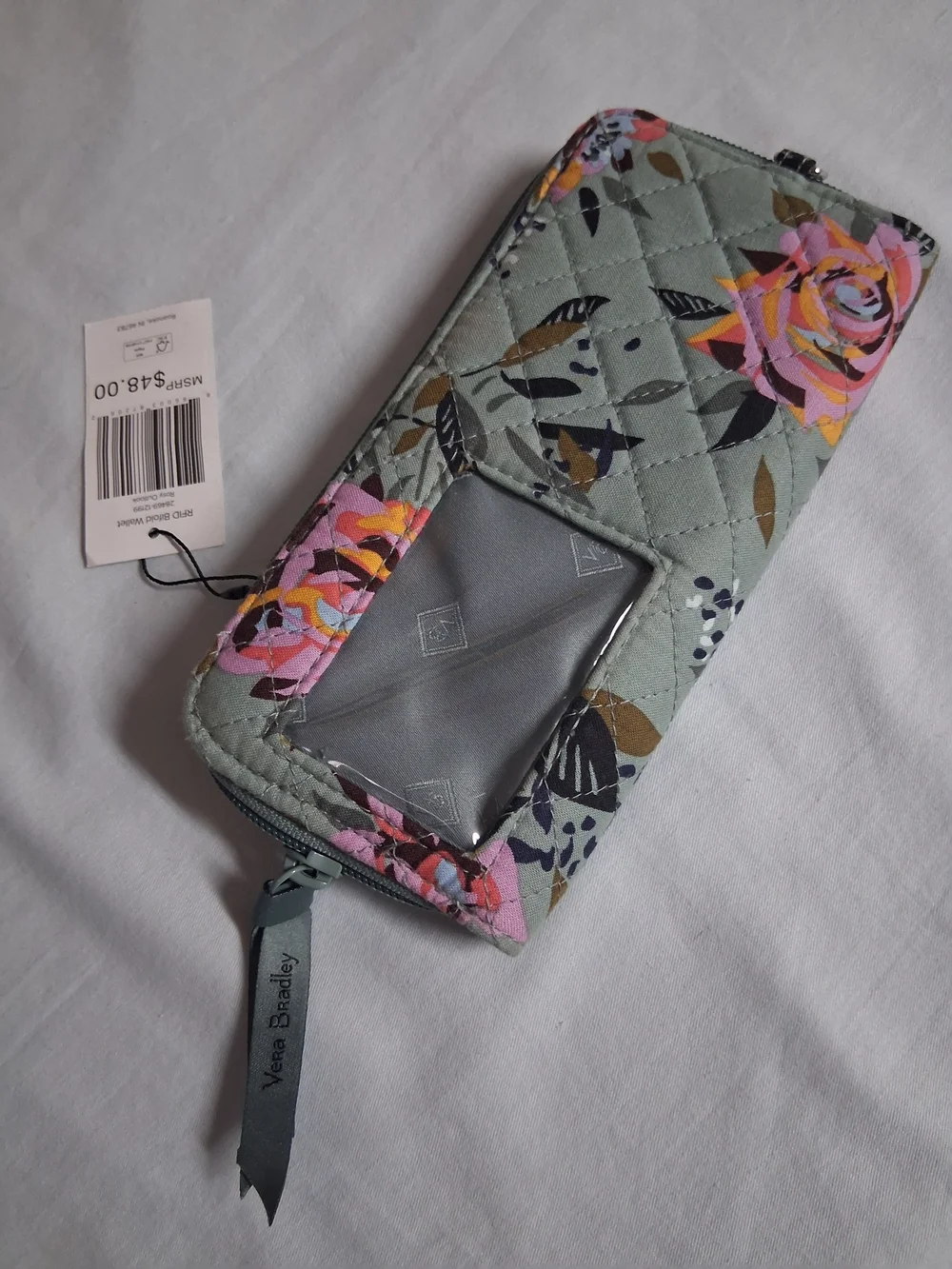 Vera Bradley RFID Blocker Quilted Floral Zip Wallet - Sage Green